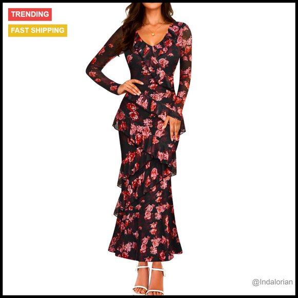 Floral Maxi Dress Long Sleeve Bodycon V Neck Ruffle Boho Wedding Party Formal